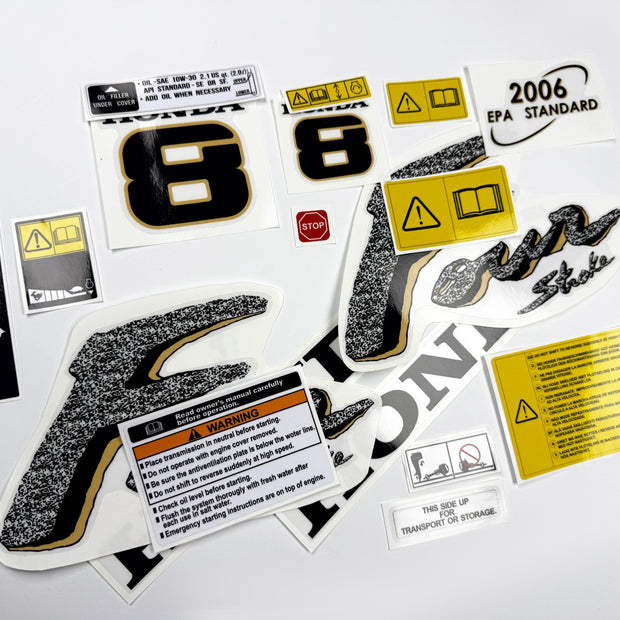 Vinyl graphic decals set suitable for Honda 8 hp four stroke outboard engine. Vinyl stickers kit for Honda 8 hp four stroke Handmade