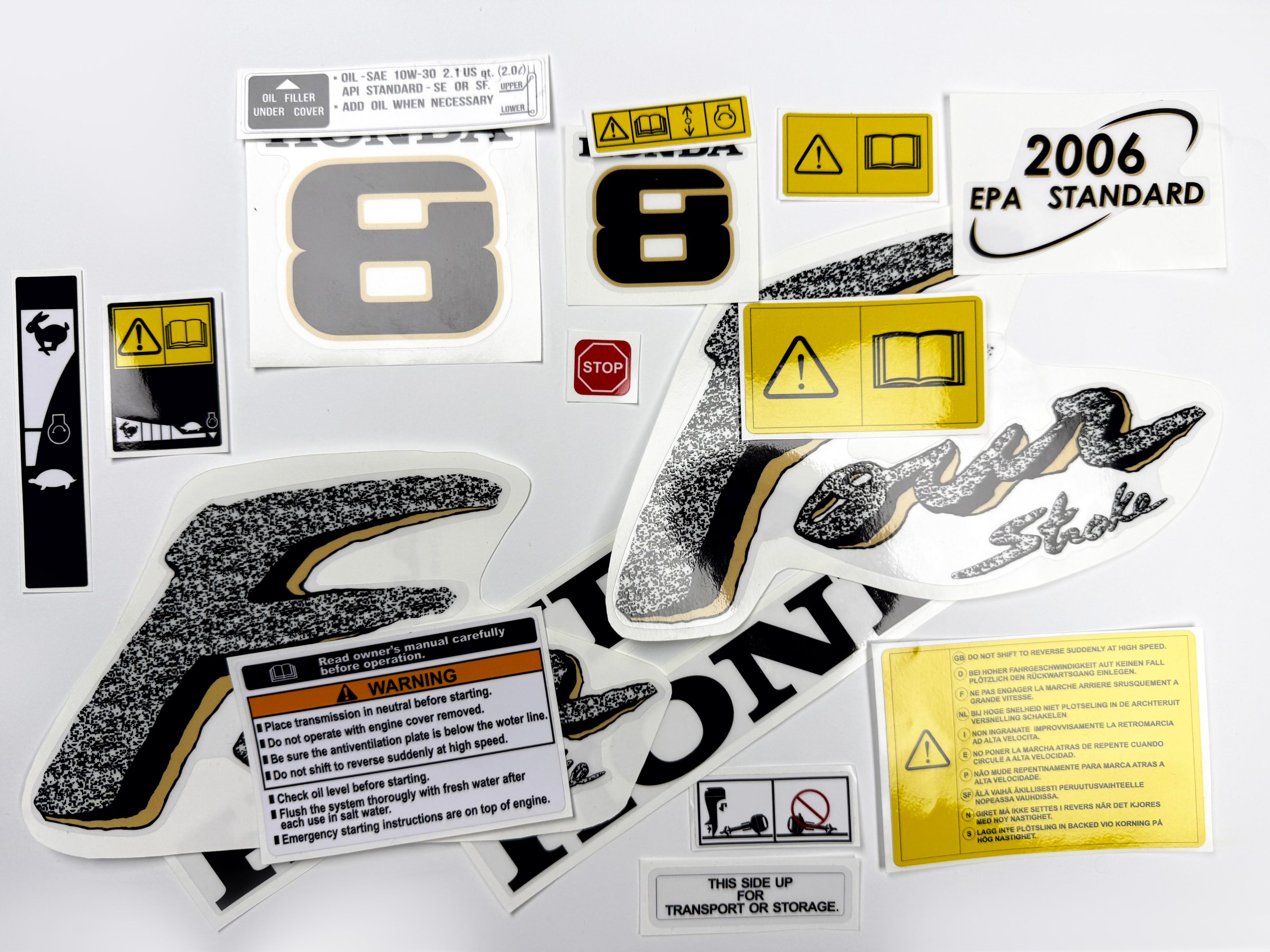 Vinyl graphic decals set suitable for Honda 8 hp four stroke outboard engine. Vinyl stickers kit for Honda 8 hp four stroke Handmade