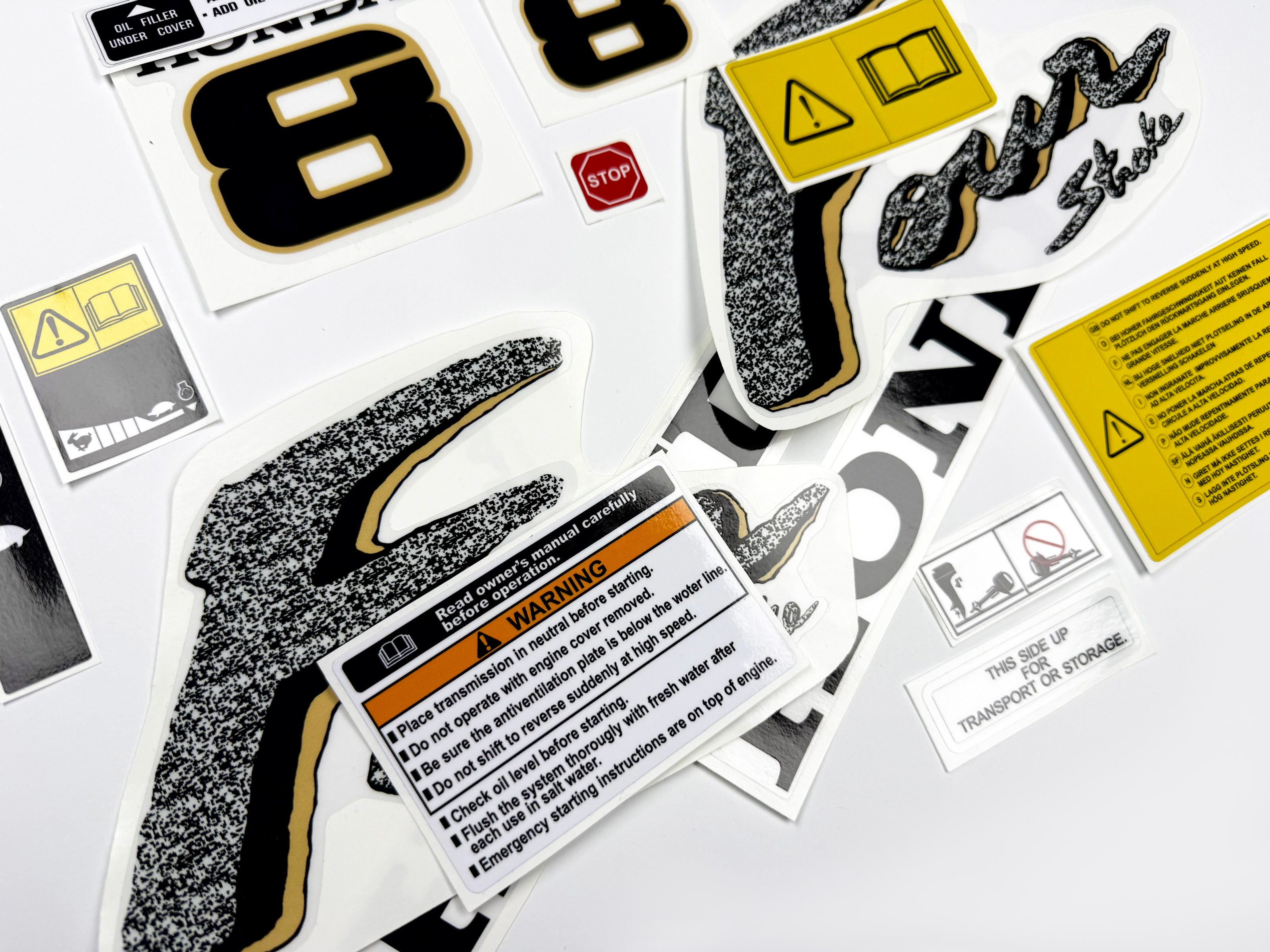 Vinyl graphic decals set suitable for Honda 8 hp four stroke outboard engine. Vinyl stickers kit for Honda 8 hp four stroke Handmade