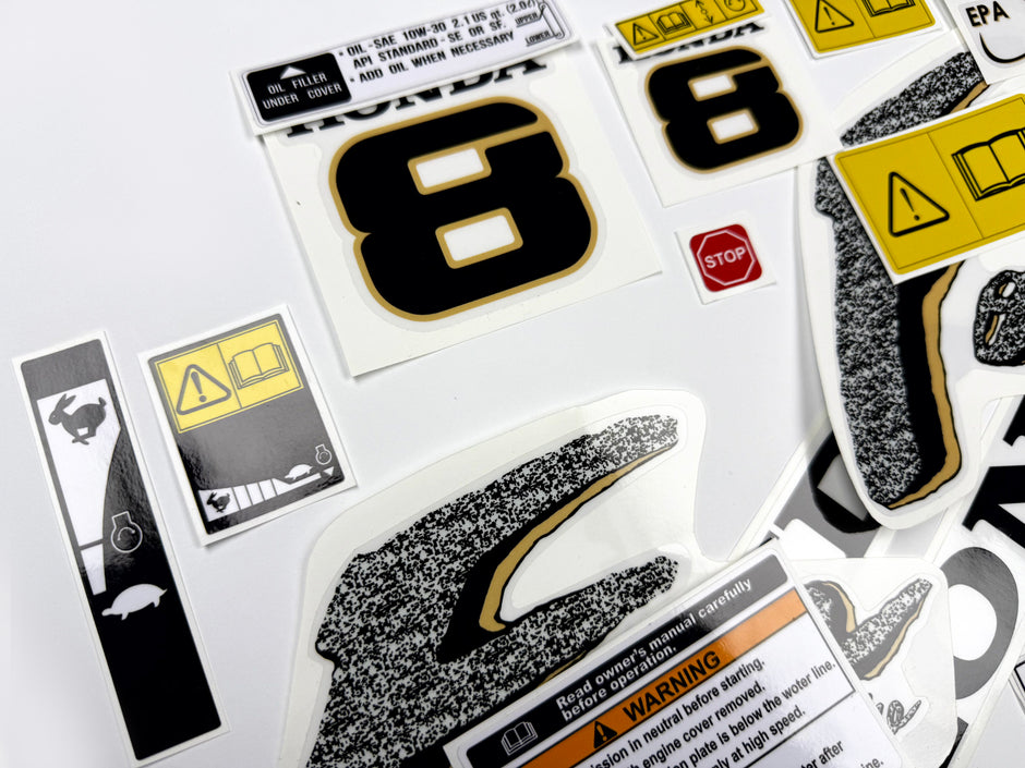 Vinyl graphic decals set suitable for Honda 8 hp four stroke outboard engine. Vinyl stickers kit for Honda 8 hp four stroke Handmade