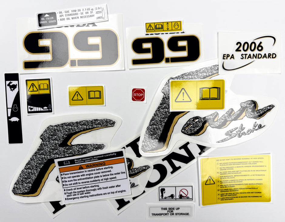 Vinyl graphic decals set suitable for Honda 9.9 hp four stroke outboard engine. Vinyl stickers kit for Honda 9.9 hp four stroke Handmade