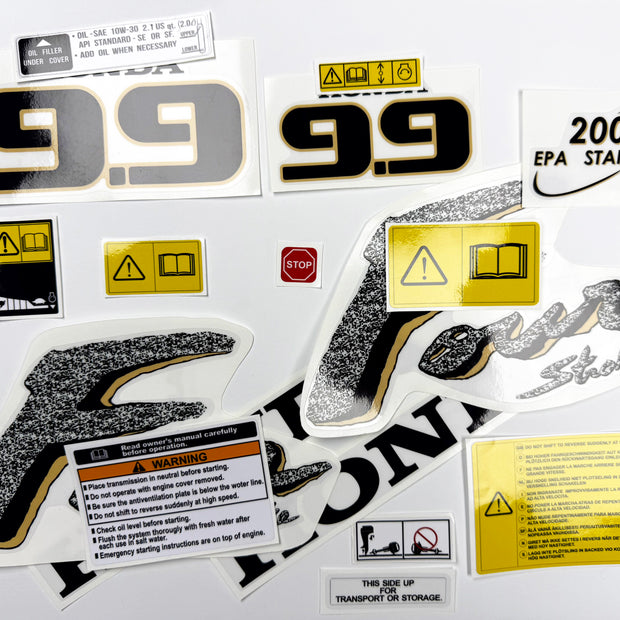 Vinyl graphic decals set suitable for Honda 9.9 hp four stroke outboard engine. Vinyl stickers kit for Honda 9.9 hp four stroke Handmade