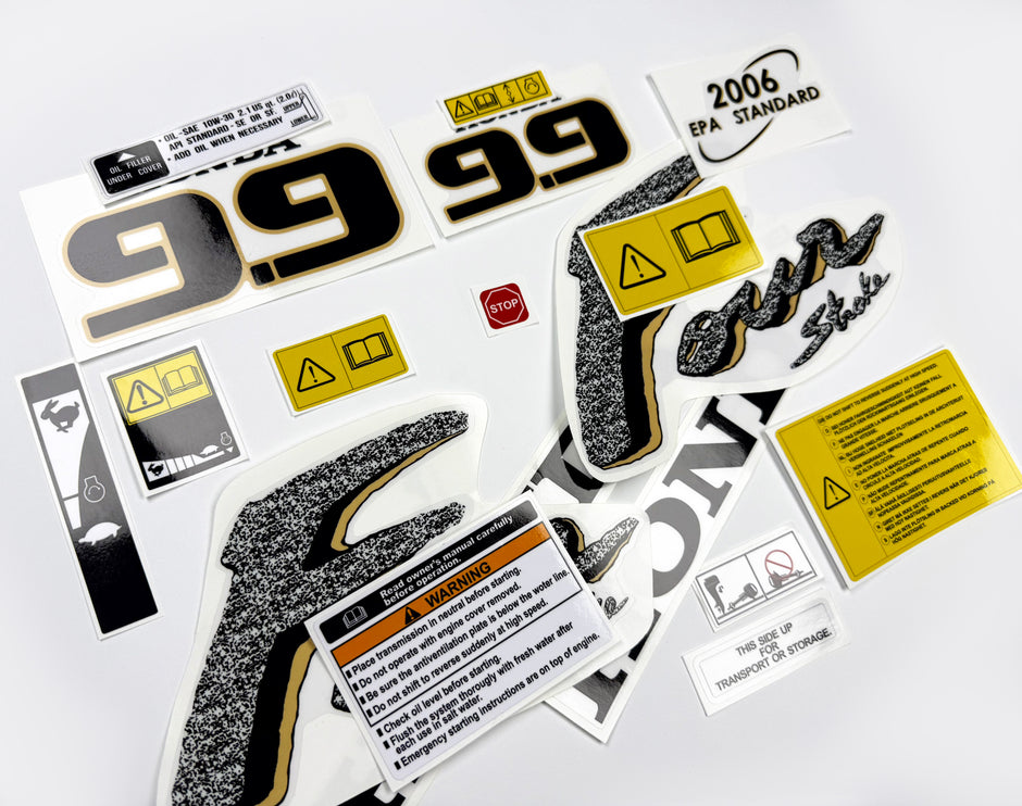 Vinyl graphic decals set suitable for Honda 9.9 hp four stroke outboard engine. Vinyl stickers kit for Honda 9.9 hp four stroke Handmade