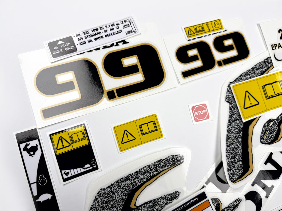 Vinyl graphic decals set suitable for Honda 9.9 hp four stroke outboard engine. Vinyl stickers kit for Honda 9.9 hp four stroke Handmade