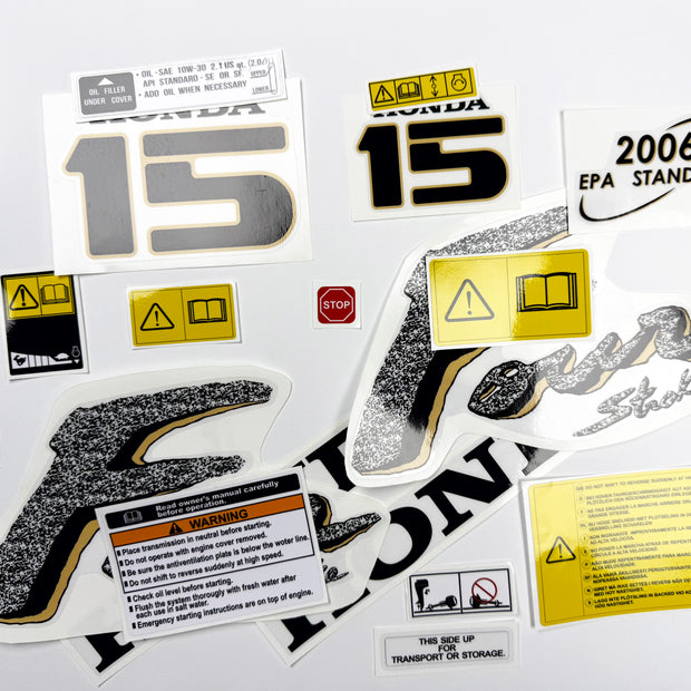 Vinyl graphic decals set suitable for Honda 15 hp four stroke outboard engine. Vinyl stickers kit for Honda 15 hp four stroke Handmade