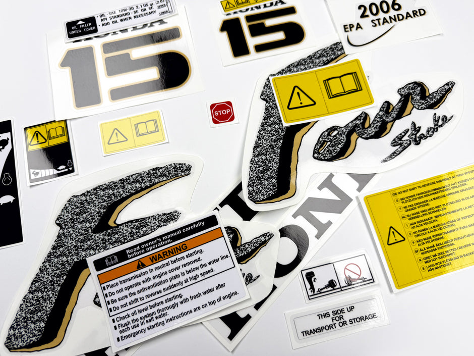Vinyl graphic decals set suitable for Honda 15 hp four stroke outboard engine. Vinyl stickers kit for Honda 15 hp four stroke Handmade