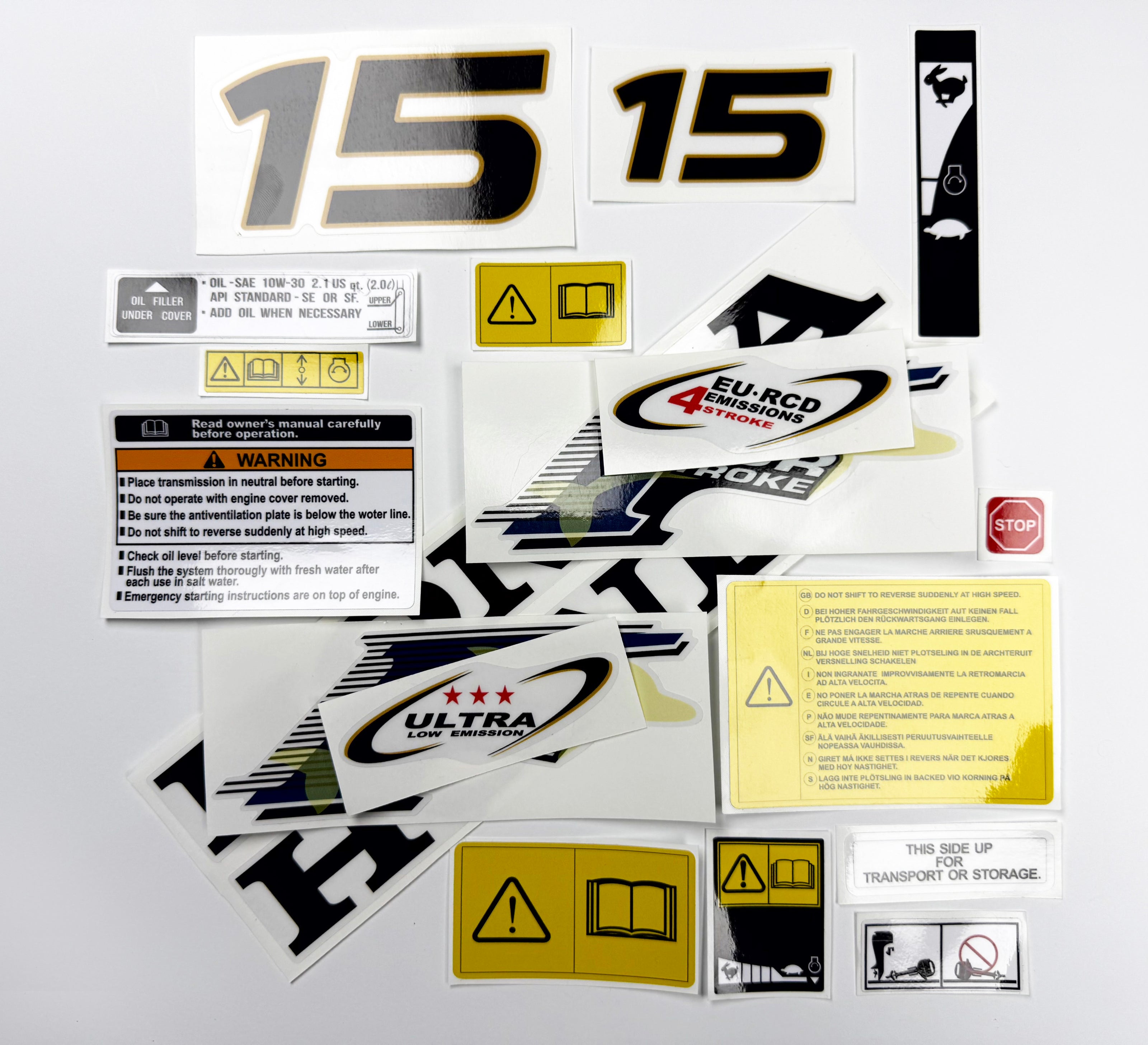 Vinyl graphic decals set suitable for Honda 15 hp four stroke outboard engine. Vinyl stickers kit for Honda 15 hp four stroke Handmade