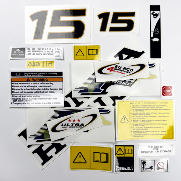 Vinyl graphic decals set suitable for Honda 15 hp four stroke outboard engine. Vinyl stickers kit for Honda 15 hp four stroke Handmade