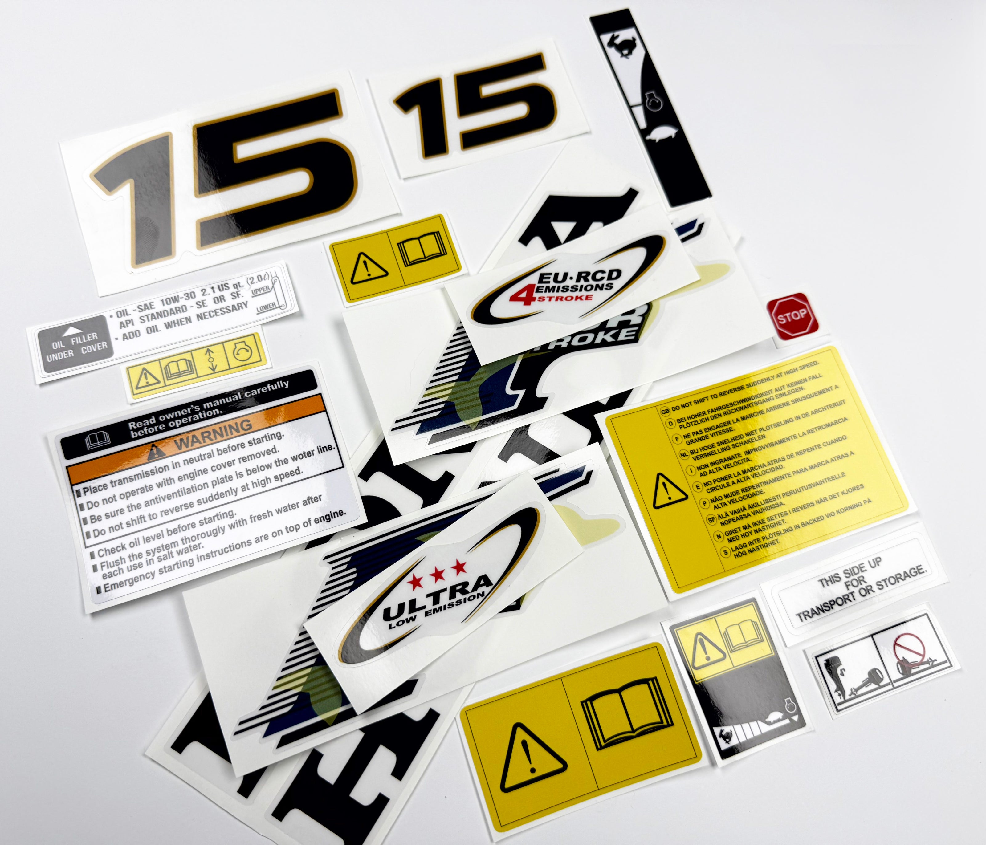 Vinyl graphic decals set suitable for Honda 15 hp four stroke outboard engine. Vinyl stickers kit for Honda 15 hp four stroke Handmade