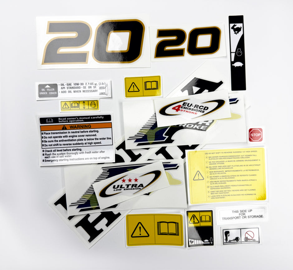 Vinyl graphic decals set suitable for Honda 20 hp four stroke outboard engine. Vinyl stickers kit for Honda 20 hp four stroke Handmade