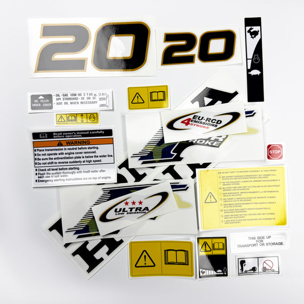 Vinyl graphic decals set suitable for Honda 20 hp four stroke outboard engine. Vinyl stickers kit for Honda 20 hp four stroke Handmade