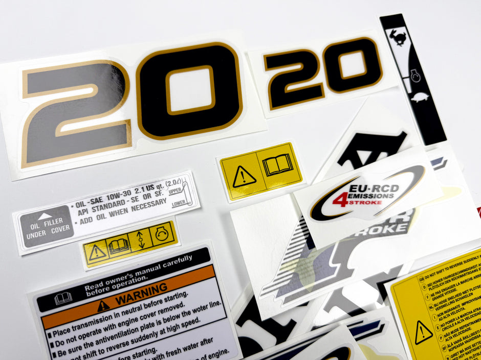 Vinyl graphic decals set suitable for Honda 20 hp four stroke outboard engine. Vinyl stickers kit for Honda 20 hp four stroke Handmade