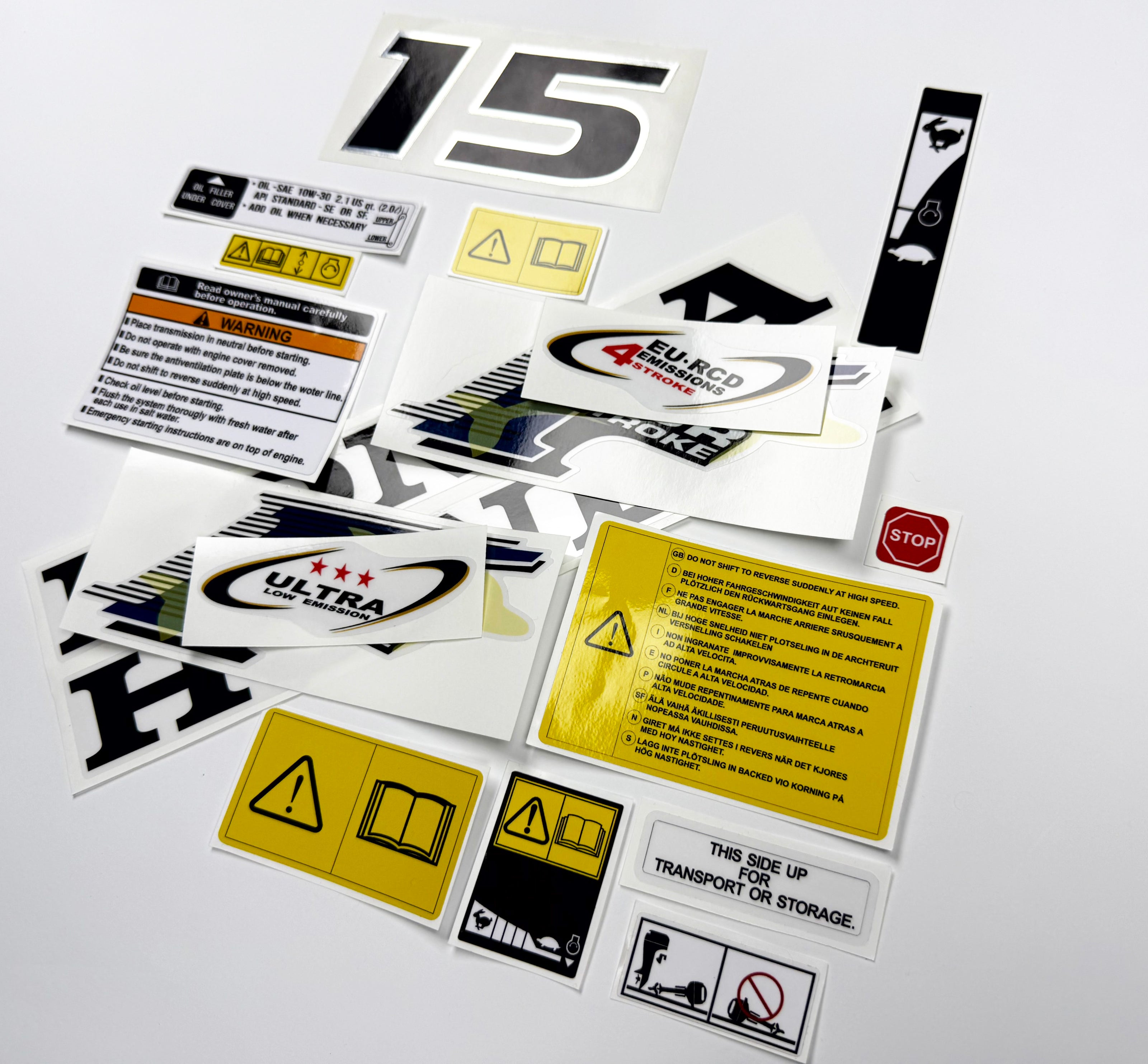 Vinyl graphic decals set chrome color suitable for Honda 15 hp four stroke outboard engine. Vinyl stickers kit for Honda 15 hp four stroke Handmade
