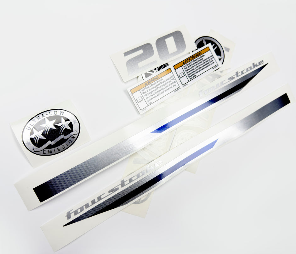 Vinyl graphic metalized silver shimmer decals set suitable for Yamaha 20 hp four stroke outboard engine. Vinyl stickers kit for Yamaha 20 hp four stroke Handmade