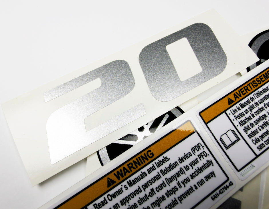 Vinyl graphic metalized silver shimmer decals set suitable for Yamaha 20 hp four stroke outboard engine. Vinyl stickers kit for Yamaha 20 hp four stroke Handmade