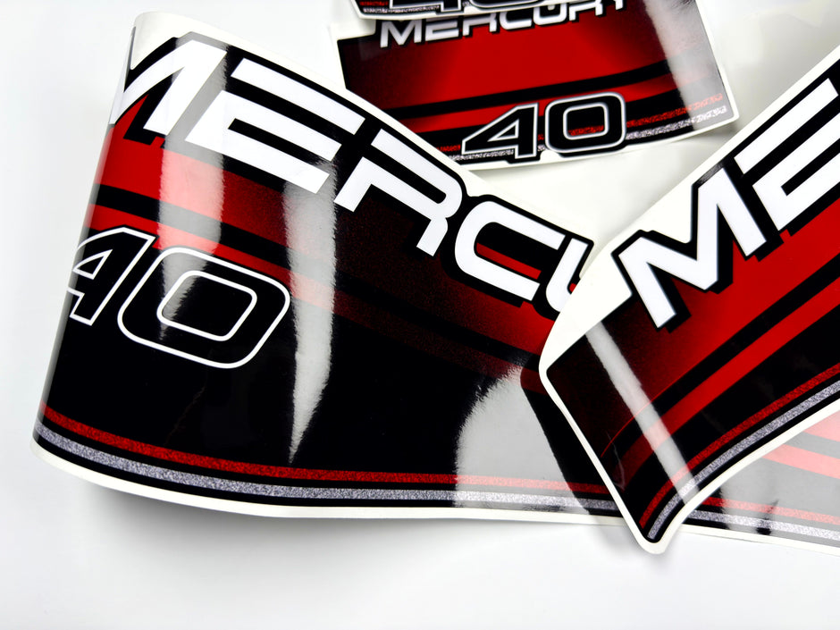 Vinyl graphic decals set suitable for Mercury 40 hp two stroke outboard engine. Vinyl stickers kit for Mercury 40 hp Handmade