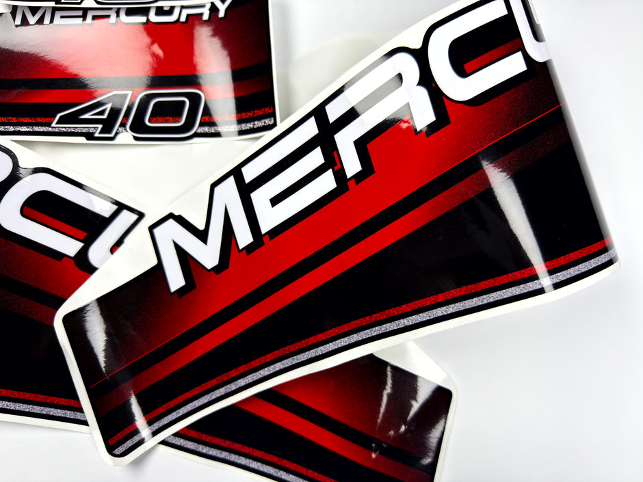Vinyl graphic decals set suitable for Mercury 40 hp two stroke outboard engine. Vinyl stickers kit for Mercury 40 hp Handmade