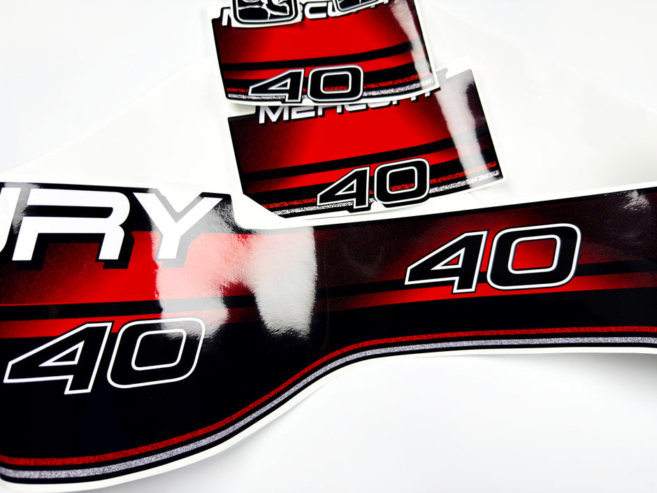 Vinyl graphic decals set suitable for Mercury 40 hp two stroke outboard engine. Vinyl stickers kit for Mercury 40 hp Handmade
