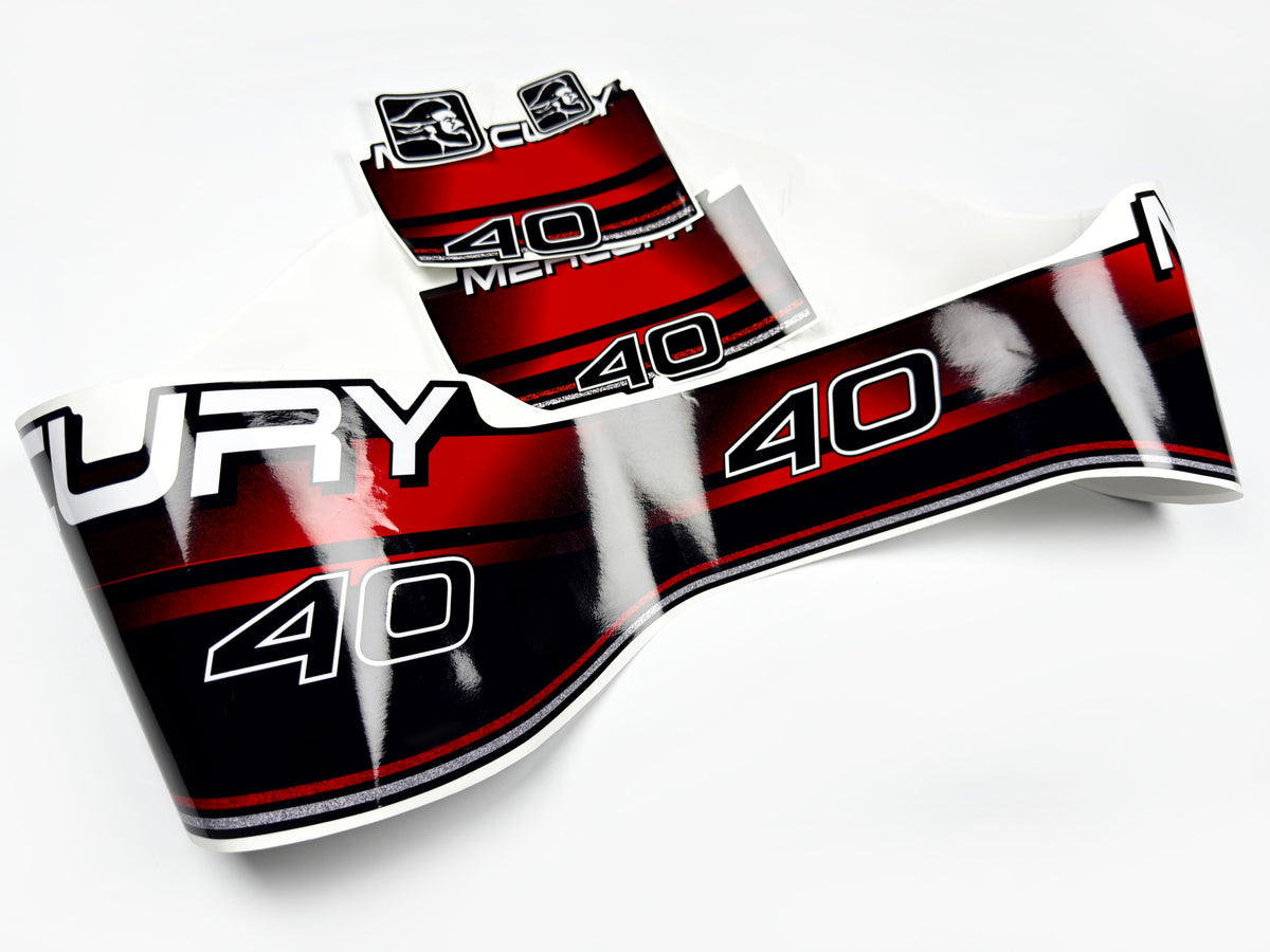 Vinyl graphic decals set suitable for Mercury 40 hp two stroke outboard engine. Vinyl stickers kit for Mercury 40 hp Handmade