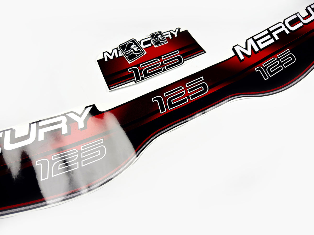 Vinyl red graphic decals set suitable for Mercury 125 hp two stroke outboard engine. Vinyl stickers kit for Mercury 125 hp Handmade