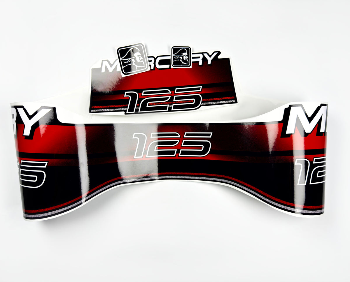 Vinyl red graphic decals set suitable for Mercury 125 hp two stroke outboard engine. Vinyl stickers kit for Mercury 125 hp Handmade
