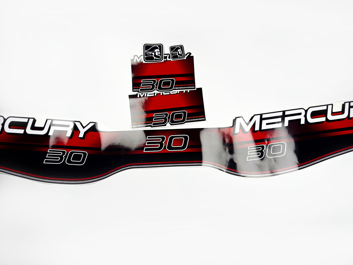 Vinyl graphic decals set suitable for Mercury 30 hp two stroke outboard engine. Vinyl stickers kit for Mercury 30 hp Handmade