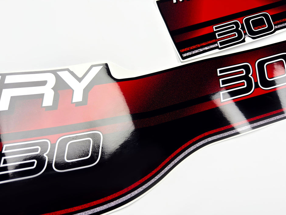 Vinyl graphic decals set suitable for Mercury 30 hp two stroke outboard engine. Vinyl stickers kit for Mercury 30 hp Handmade