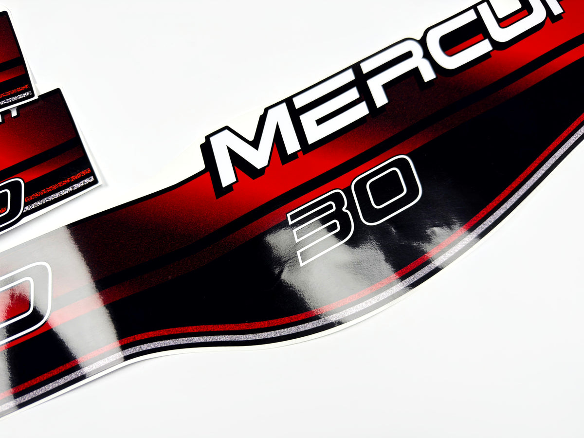 Vinyl graphic decals set suitable for Mercury 30 hp two stroke outboard engine. Vinyl stickers kit for Mercury 30 hp Handmade