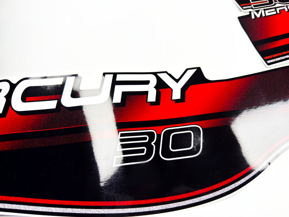 Vinyl graphic decals set suitable for Mercury 30 hp two stroke outboard engine. Vinyl stickers kit for Mercury 30 hp Handmade