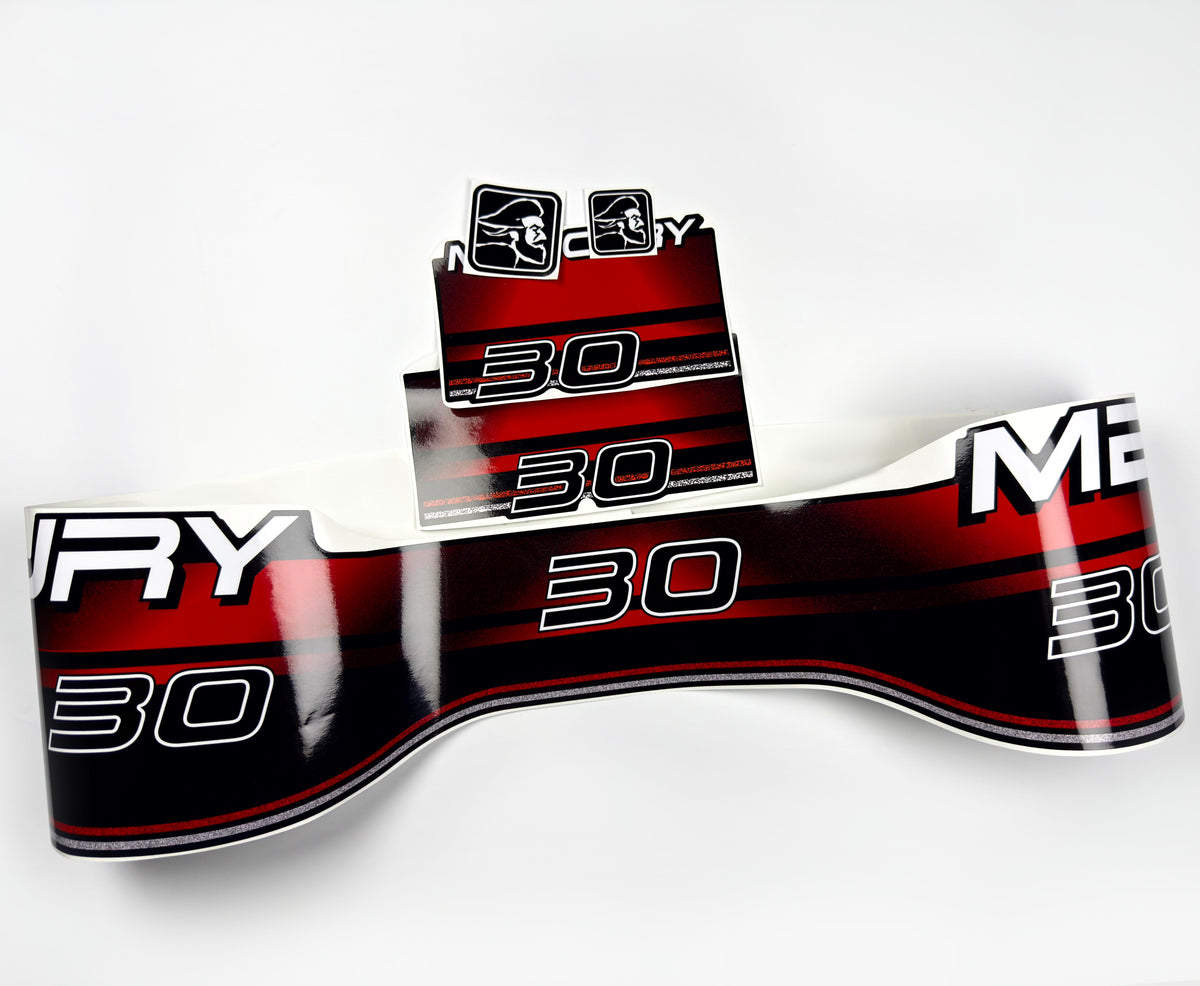 Vinyl graphic decals set suitable for Mercury 30 hp two stroke outboard engine. Vinyl stickers kit for Mercury 30 hp Handmade