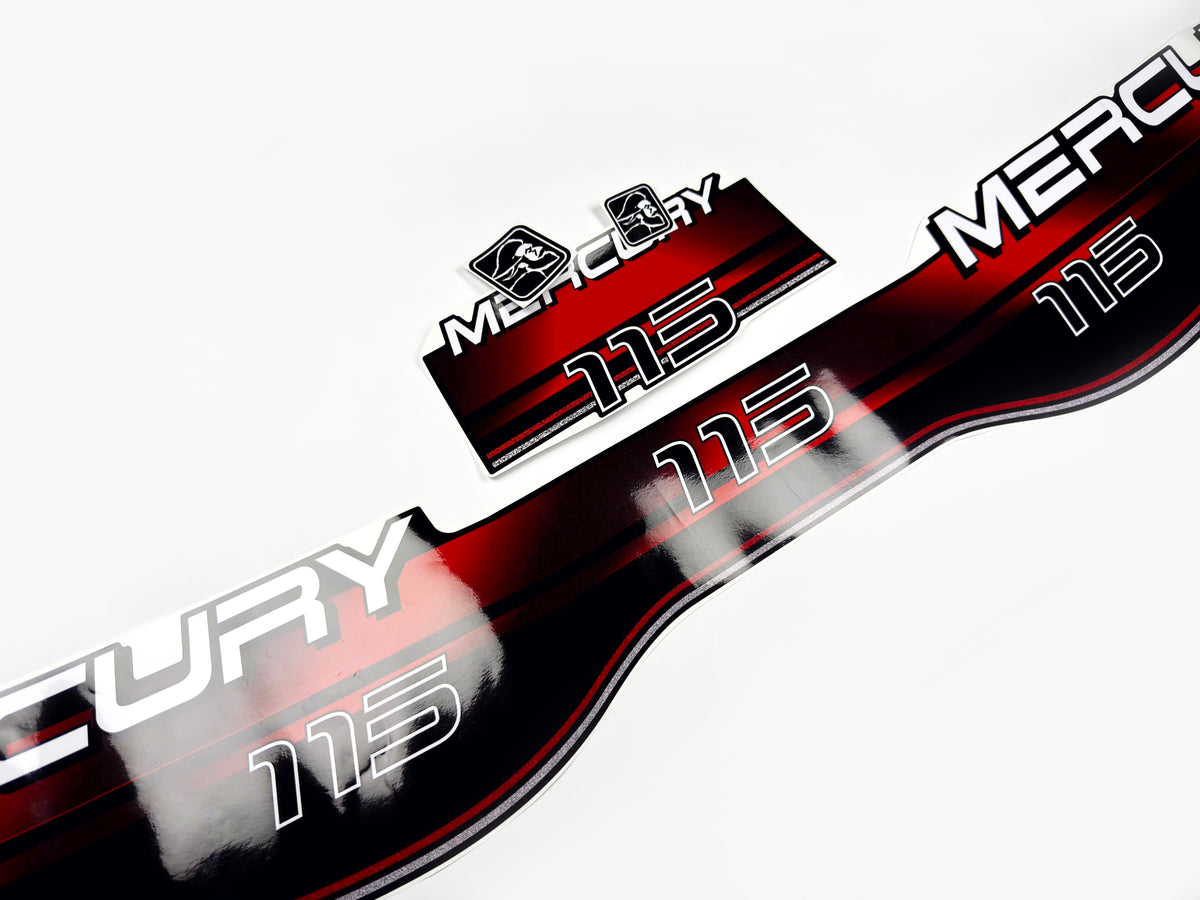 Vinyl red graphic decals set suitable for Mercury 115 hp two stroke outboard engine. Vinyl stickers kit for Mercury 115 hp Handmade