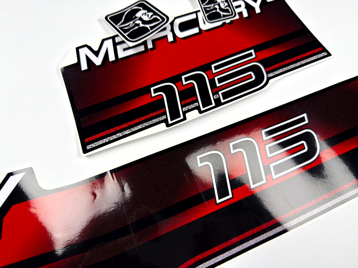 Vinyl red graphic decals set suitable for Mercury 115 hp two stroke outboard engine. Vinyl stickers kit for Mercury 115 hp Handmade
