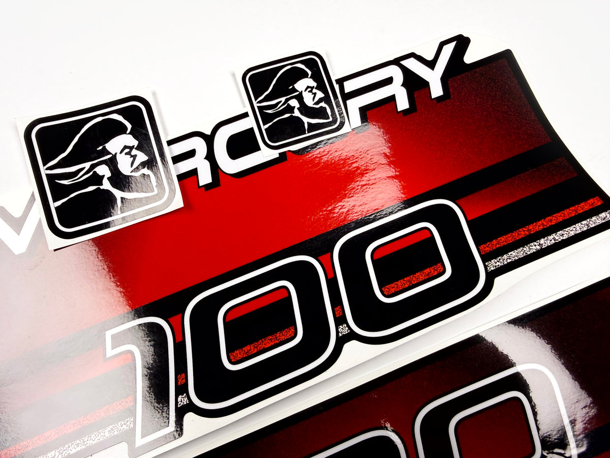 Vinyl red graphic decals set suitable for Mercury 100 hp two stroke outboard engine. Vinyl stickers kit for Mercury 100 hp Handmade