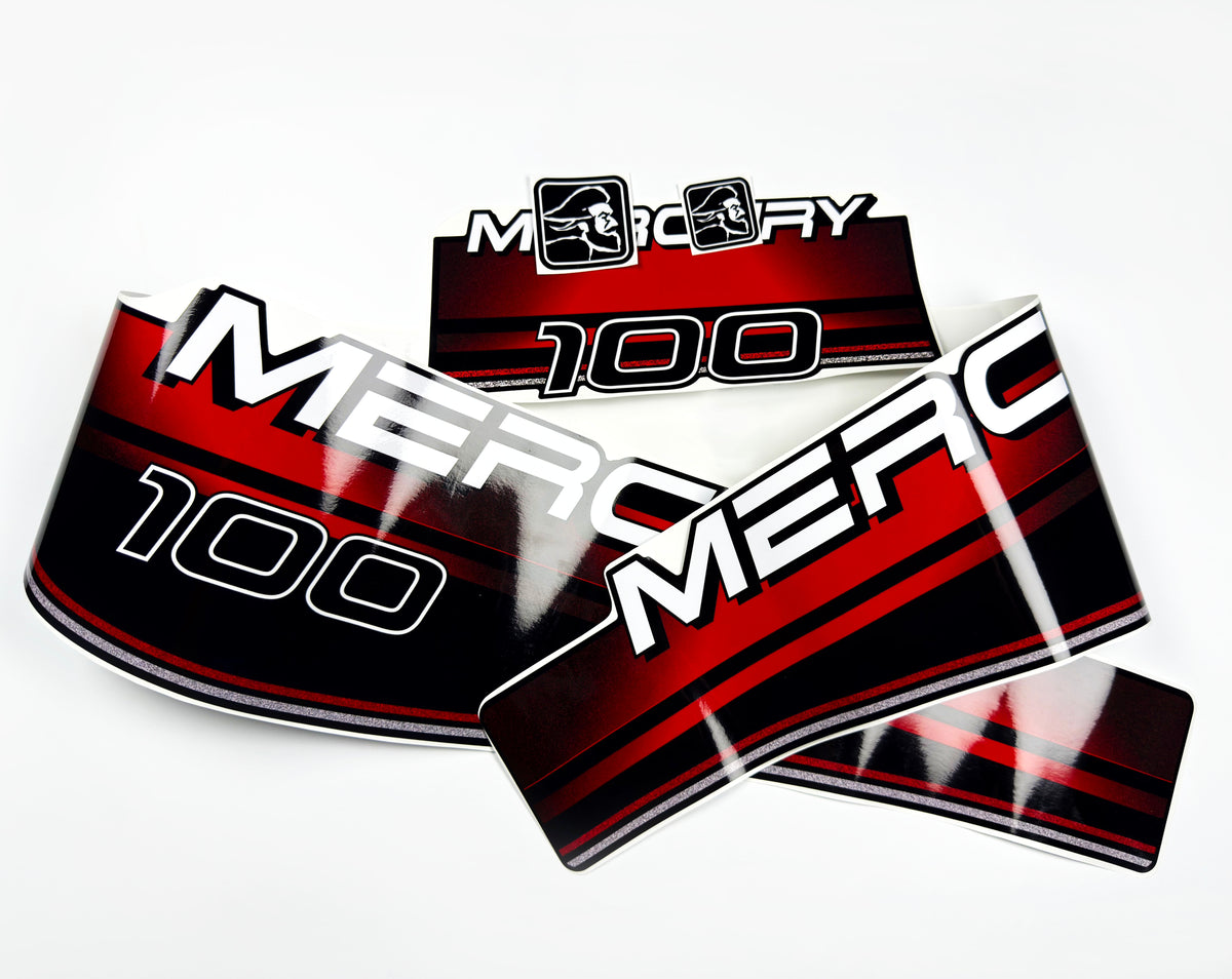 Vinyl red graphic decals set suitable for Mercury 100 hp two stroke outboard engine. Vinyl stickers kit for Mercury 100 hp Handmade