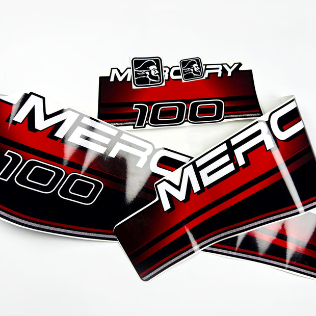 Vinyl red graphic decals set suitable for Mercury 100 hp two stroke outboard engine. Vinyl stickers kit for Mercury 100 hp Handmade