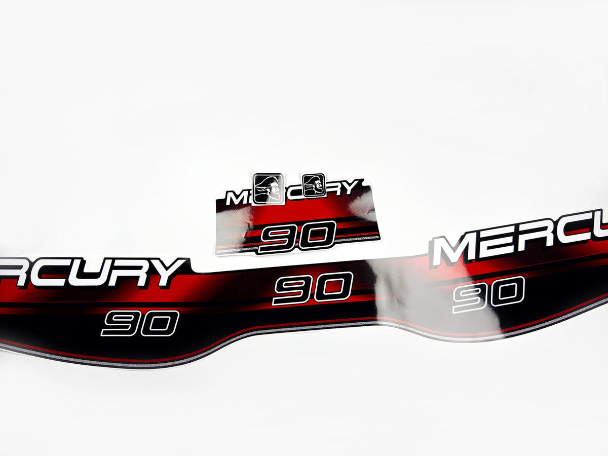 Vinyl graphic decals set suitable for Mercury 90 hp two stroke outboard engine. Vinyl stickers kit for Mercury 90 hp Handmade