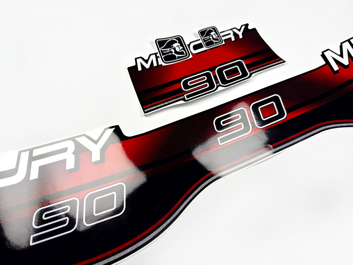 Vinyl graphic decals set suitable for Mercury 90 hp two stroke outboard engine. Vinyl stickers kit for Mercury 90 hp Handmade