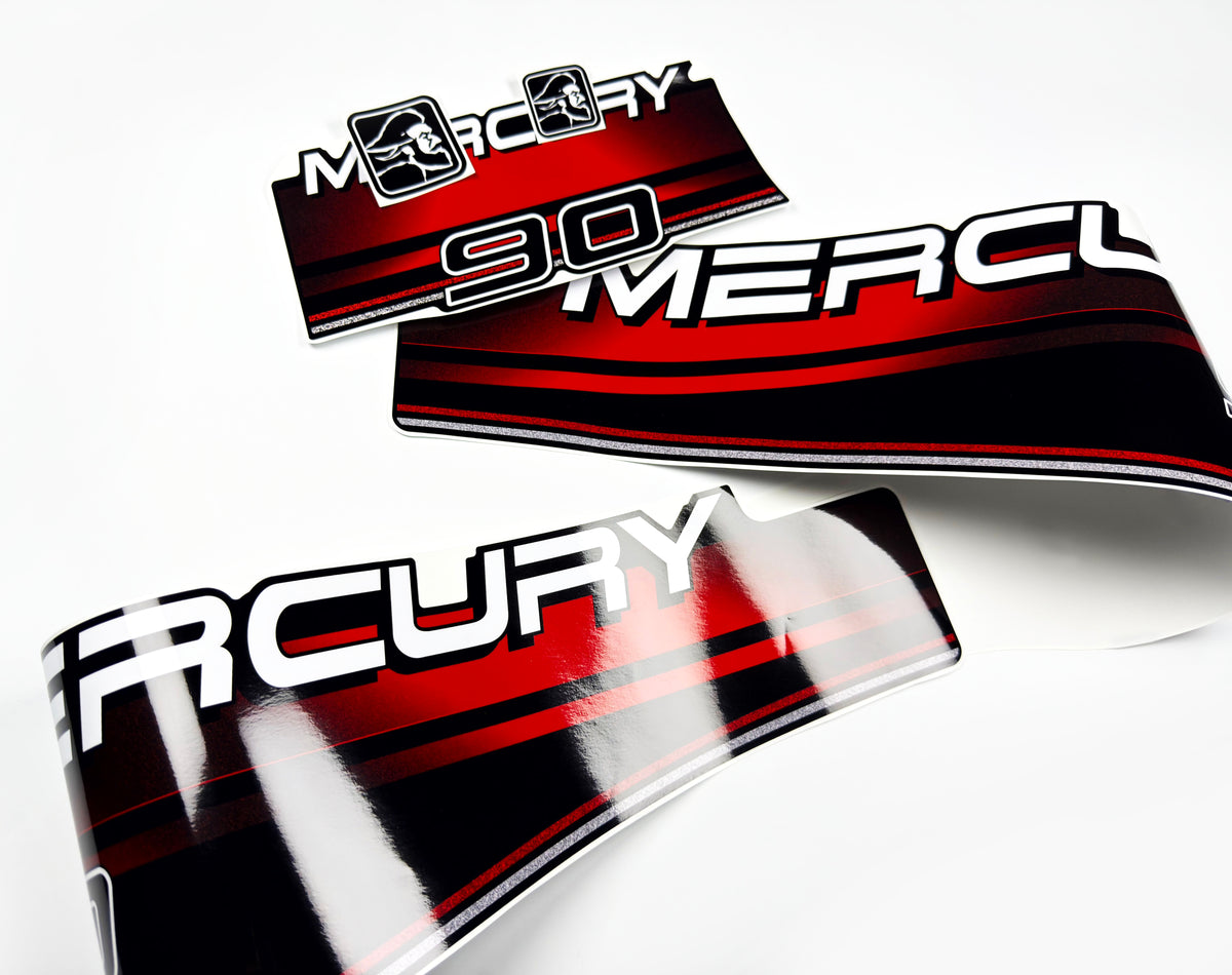 Vinyl graphic decals set suitable for Mercury 90 hp two stroke outboard engine. Vinyl stickers kit for Mercury 90 hp Handmade