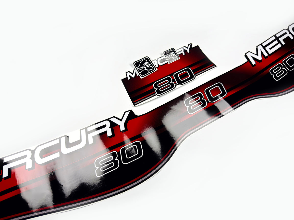 Vinyl red graphic decals set suitable for Mercury 80 hp two stroke outboard engine. Vinyl stickers kit for Mercury 80 hp Handmade