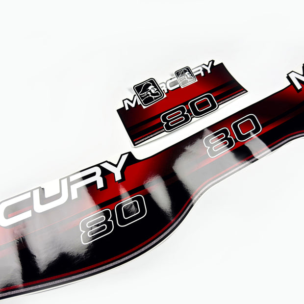 Vinyl red graphic decals set suitable for Mercury 80 hp two stroke outboard engine. Vinyl stickers kit for Mercury 80 hp Handmade