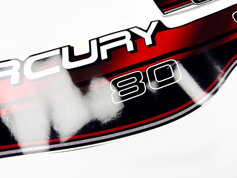 Vinyl red graphic decals set suitable for Mercury 80 hp two stroke outboard engine. Vinyl stickers kit for Mercury 80 hp Handmade