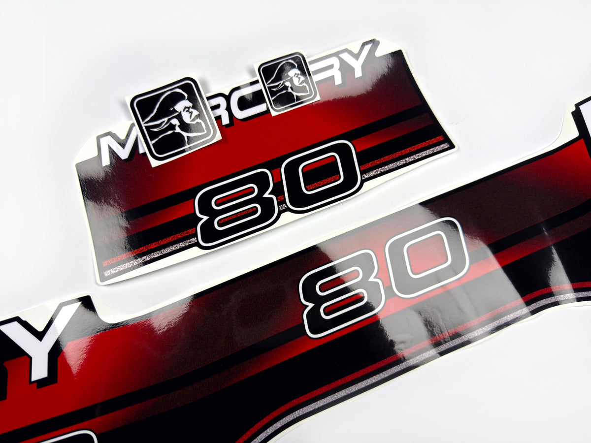 Vinyl red graphic decals set suitable for Mercury 80 hp two stroke outboard engine. Vinyl stickers kit for Mercury 80 hp Handmade
