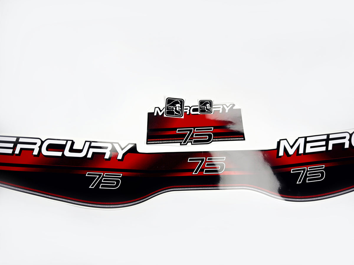 Vinyl graphic decals set suitable for Mercury 75 hp two stroke outboard engine. Vinyl stickers kit for Mercury 75 hp Handmade