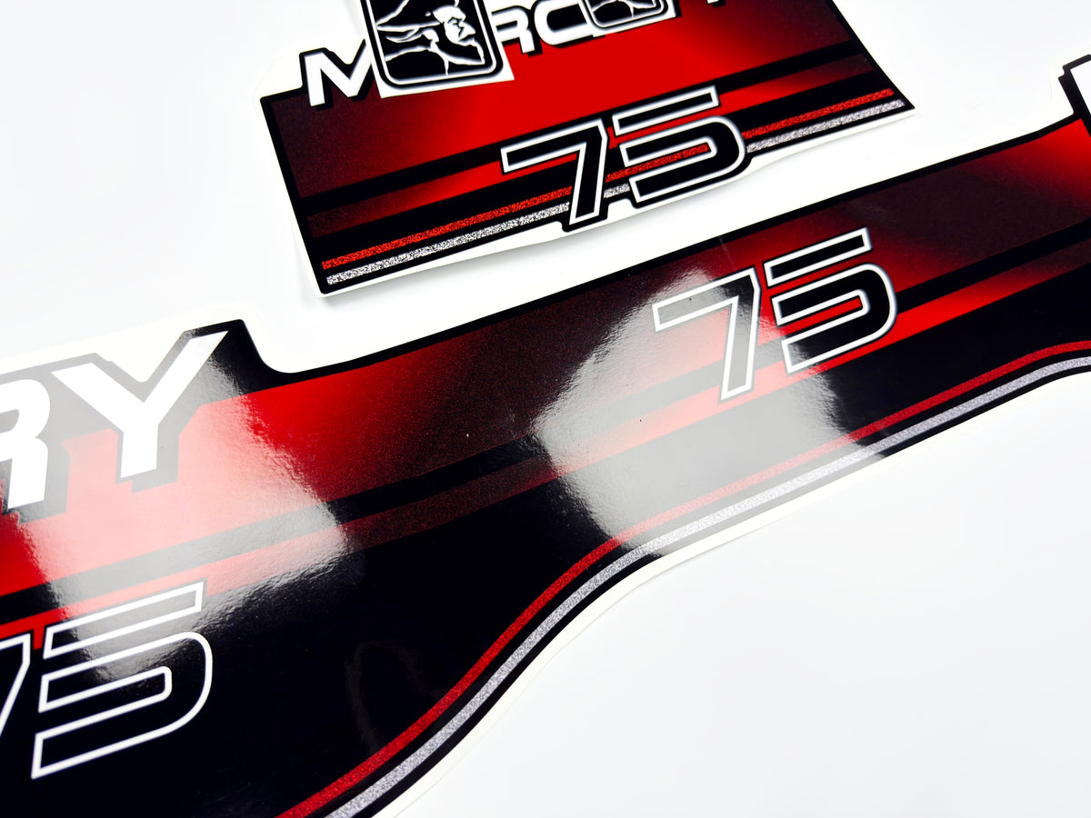 Vinyl graphic decals set suitable for Mercury 75 hp two stroke outboard engine. Vinyl stickers kit for Mercury 75 hp Handmade
