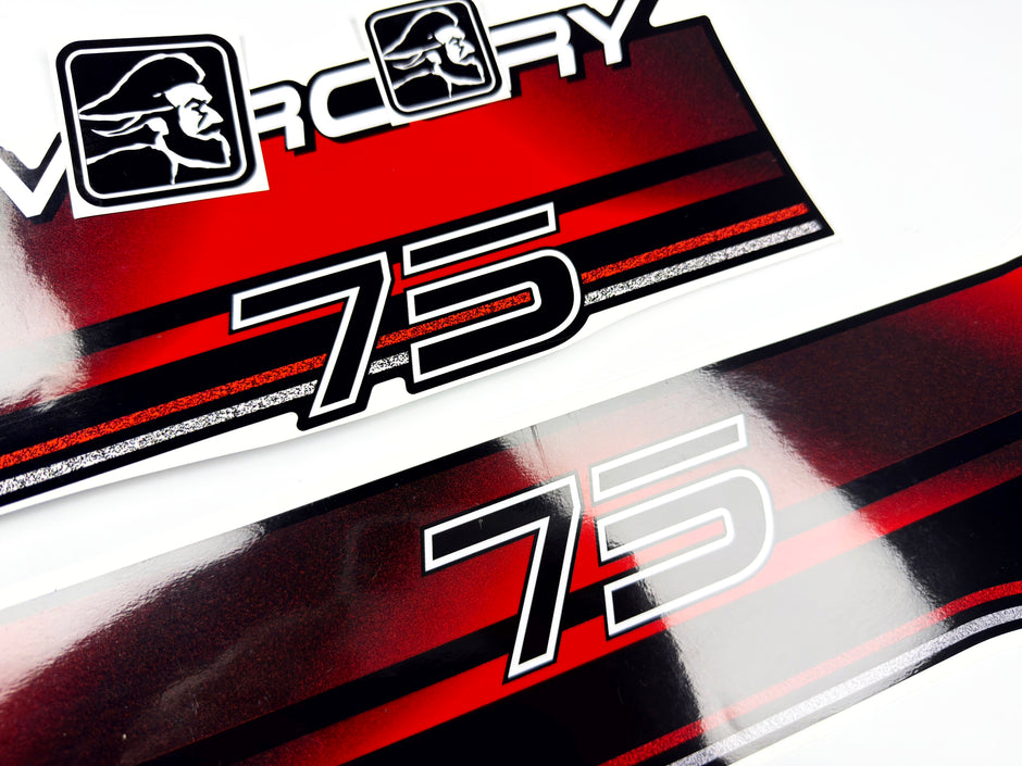 Vinyl graphic decals set suitable for Mercury 75 hp two stroke outboard engine. Vinyl stickers kit for Mercury 75 hp Handmade