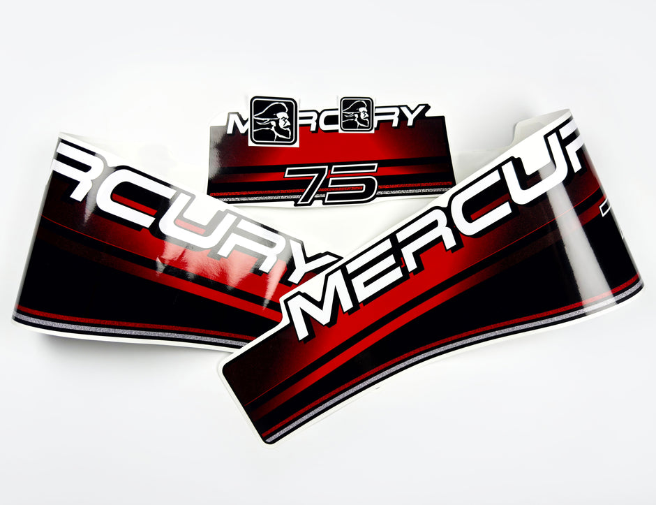 Vinyl graphic decals set suitable for Mercury 75 hp two stroke outboard engine. Vinyl stickers kit for Mercury 75 hp Handmade