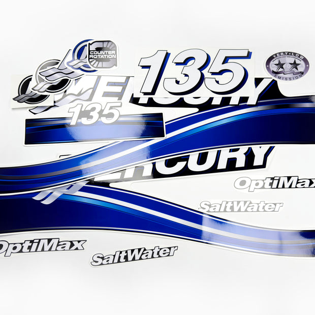 Vinyl graphic blue decals set suitable for Mercury 135 hp OptiMax saltwater two stroke outboard engine. Vinyl blue stickers kit for Mercury 135 hp two stroke Handmade