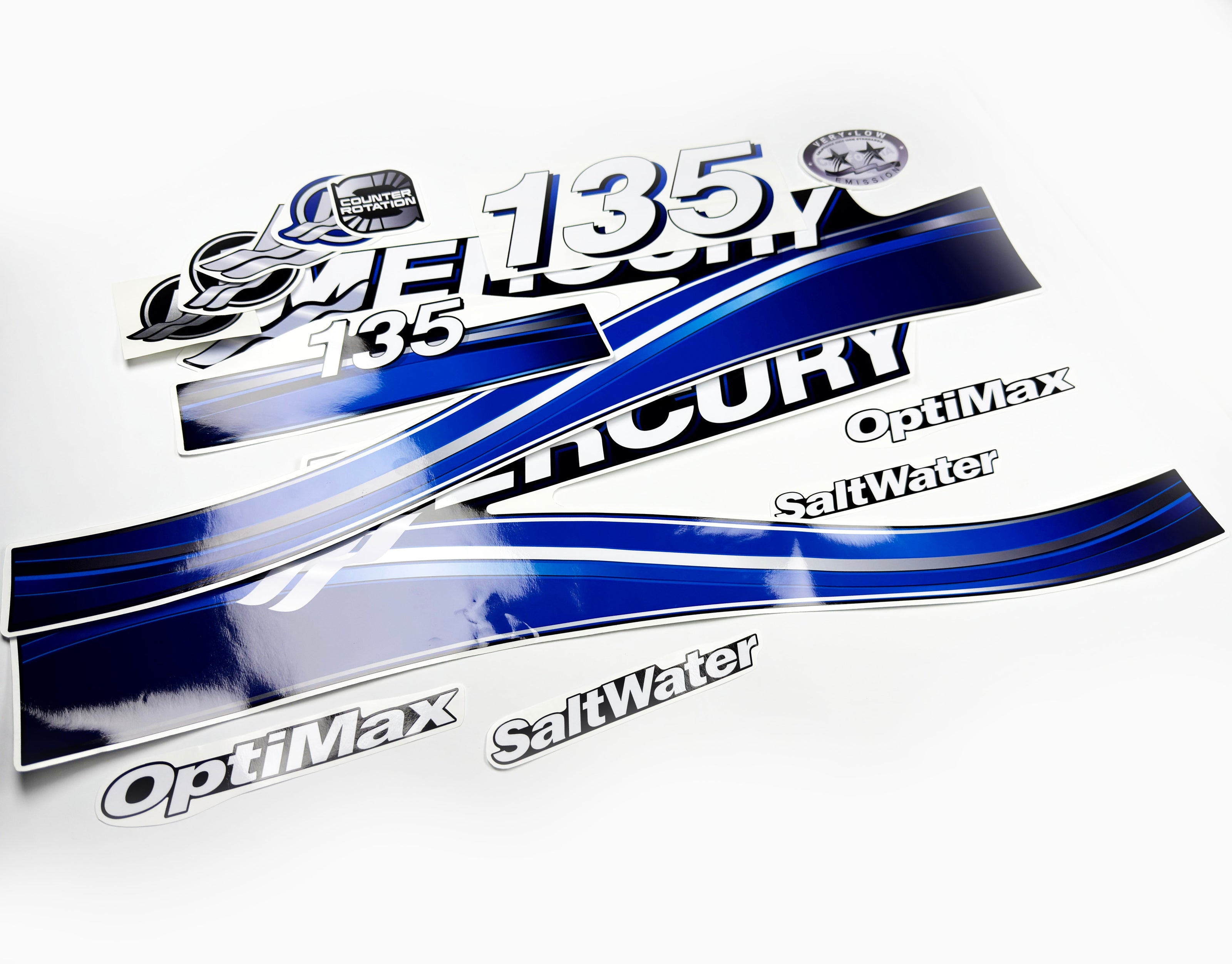 Vinyl graphic blue decals set suitable for Mercury 135 hp OptiMax saltwater two stroke outboard engine. Vinyl blue stickers kit for Mercury 135 hp two stroke Handmade