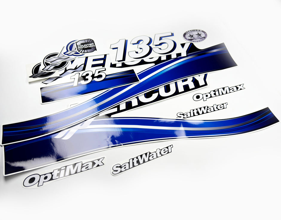Vinyl graphic blue decals set suitable for Mercury 135 hp OptiMax saltwater two stroke outboard engine. Vinyl blue stickers kit for Mercury 135 hp two stroke Handmade