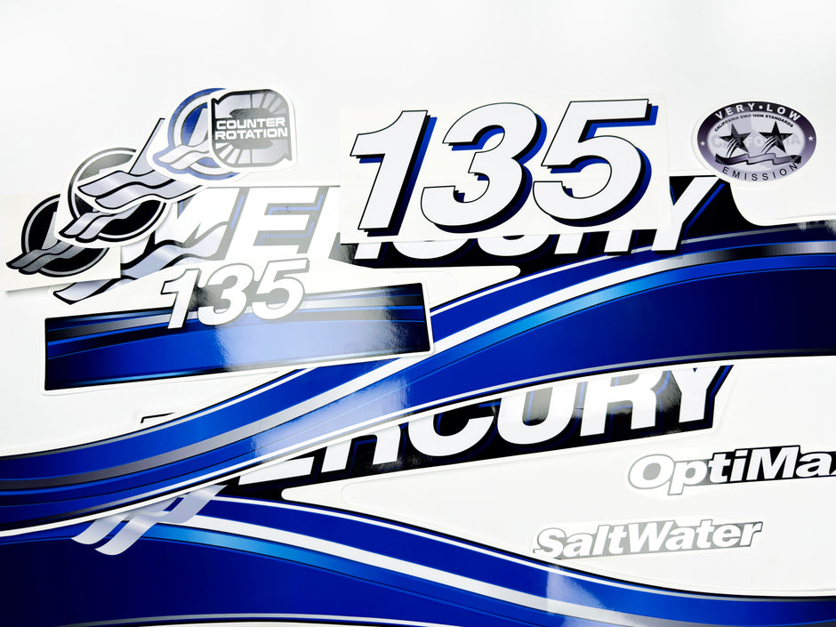 Vinyl graphic blue decals set suitable for Mercury 135 hp OptiMax saltwater two stroke outboard engine. Vinyl blue stickers kit for Mercury 135 hp two stroke Handmade